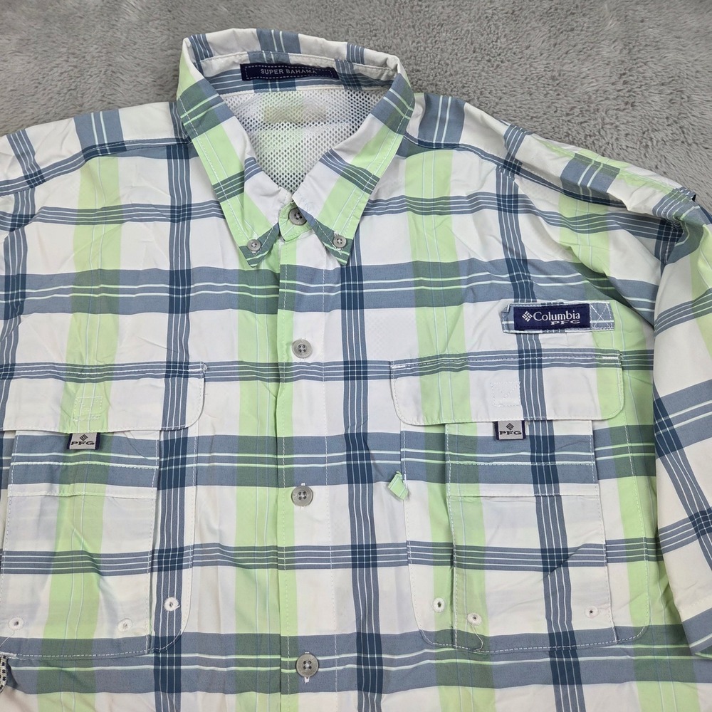 Columbia PFG Super Bahama Shirt Mens XL Short Sleeve Plaid Omni-Shade Green Blue
